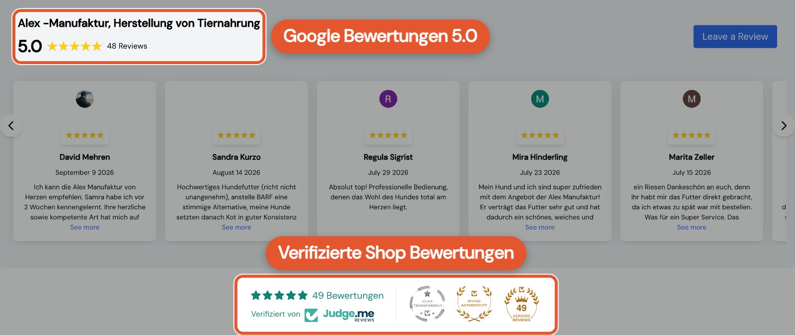 Google und Shop Bewertungen auf der Startseite