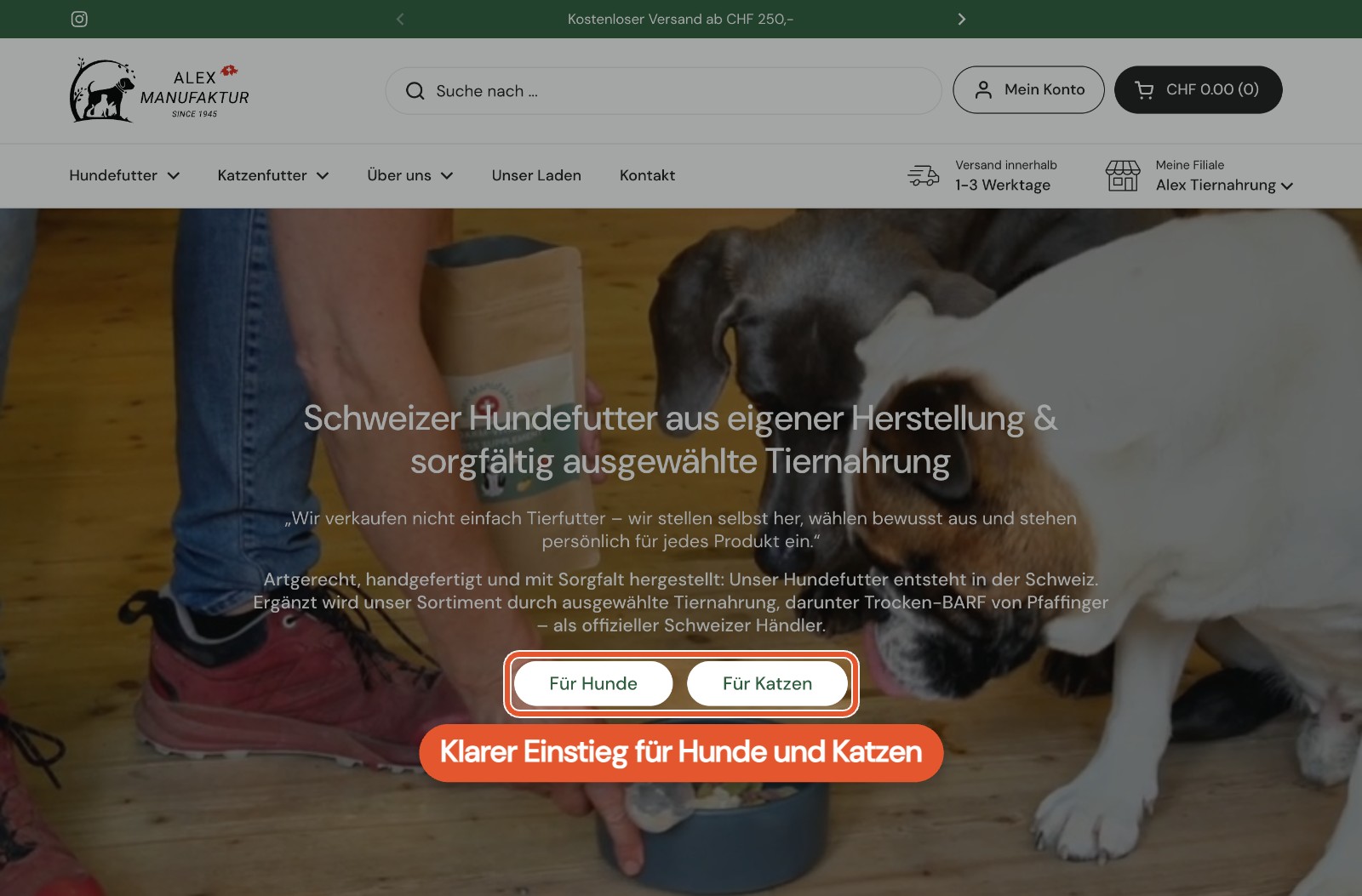 Startseite mit Werbevideo und klarem Einstieg für Hunde und Katzen