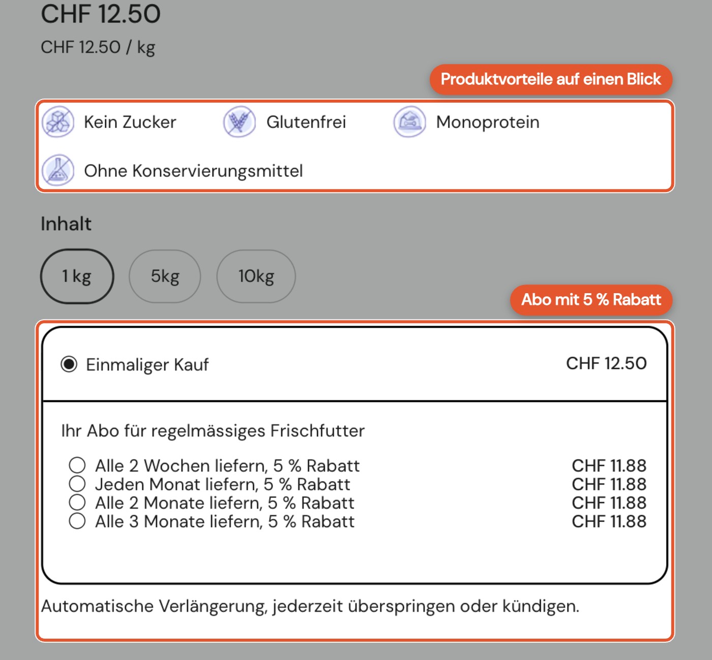Produktseite mit Vorteilen und Abo mit 5 Prozent Rabatt