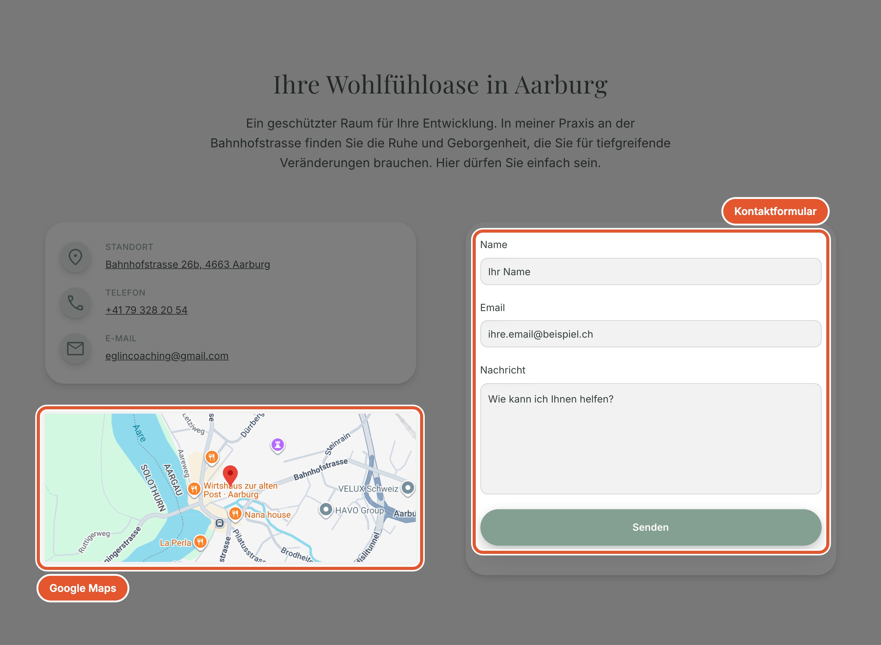 Kontaktbereich mit Google Maps und Kontaktformular