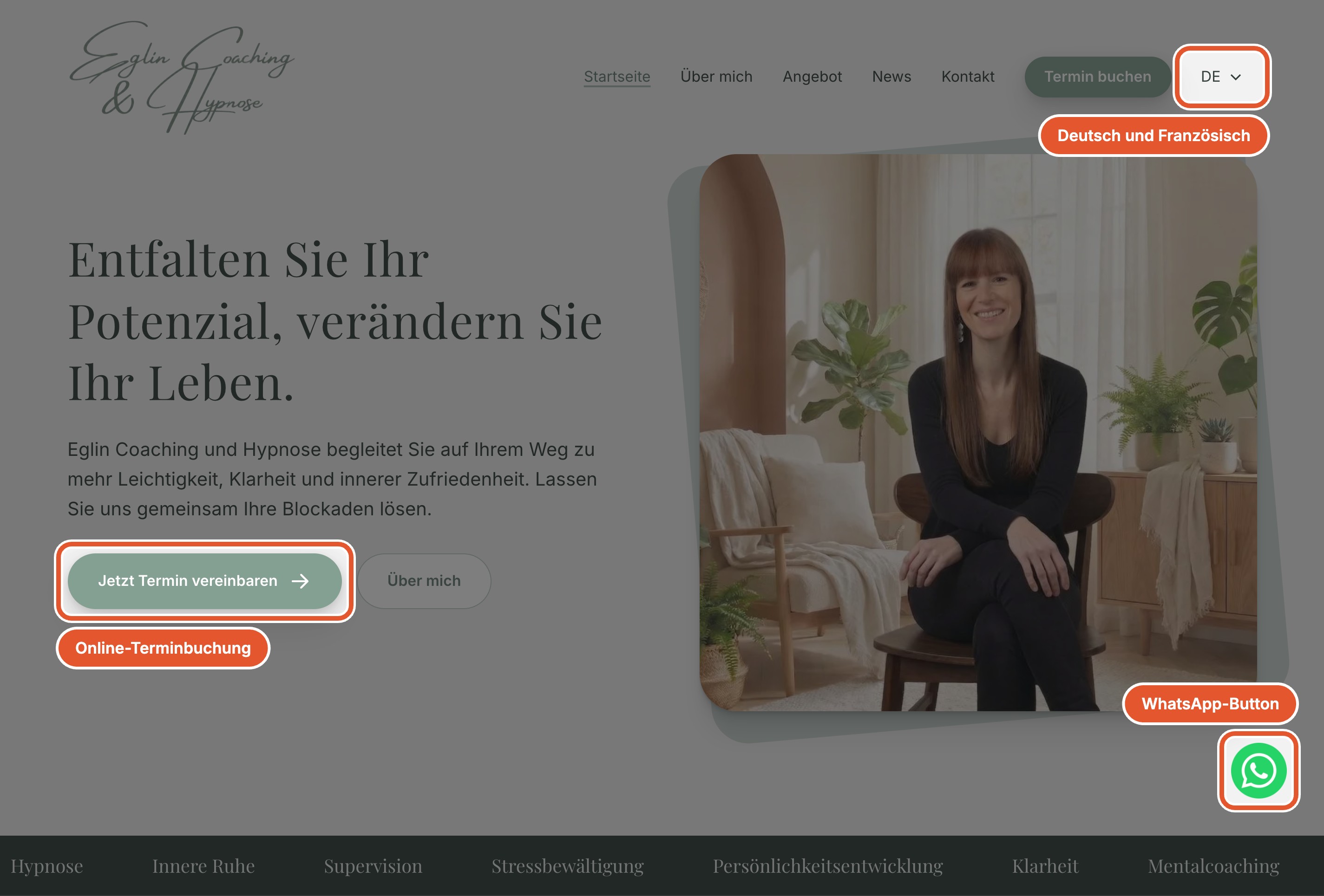 Startseite mit Online-Terminbuchung, Sprachwahl und WhatsApp-Button