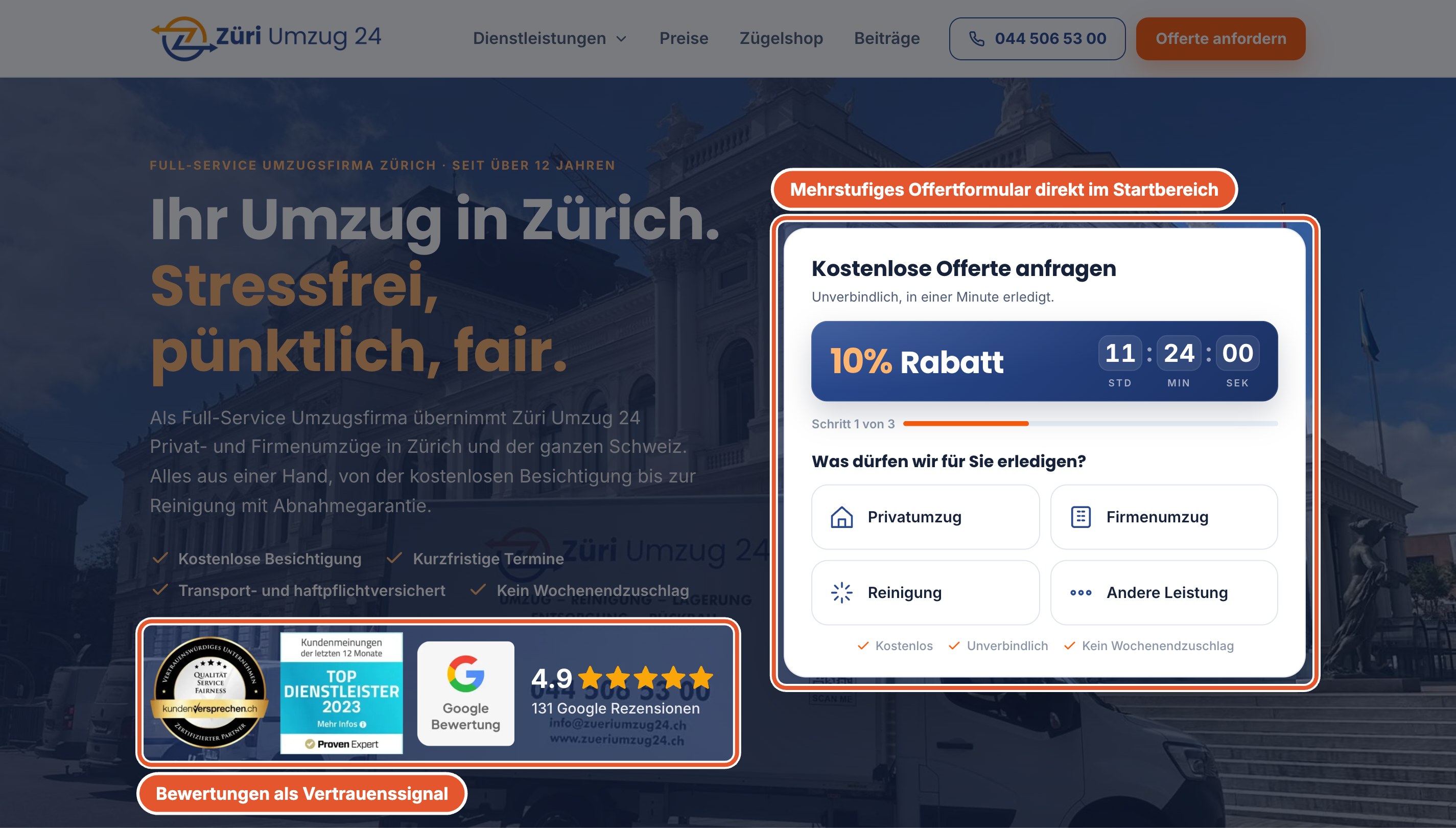 Startbereich von zueriumzug24.ch mit Offertformular