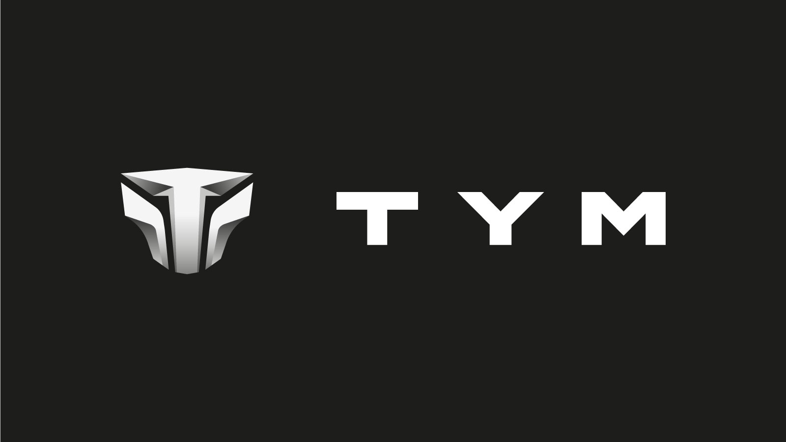 White stylized 3D geometric emblem resembling the letter T next to bold white letters T Y M on a black background.