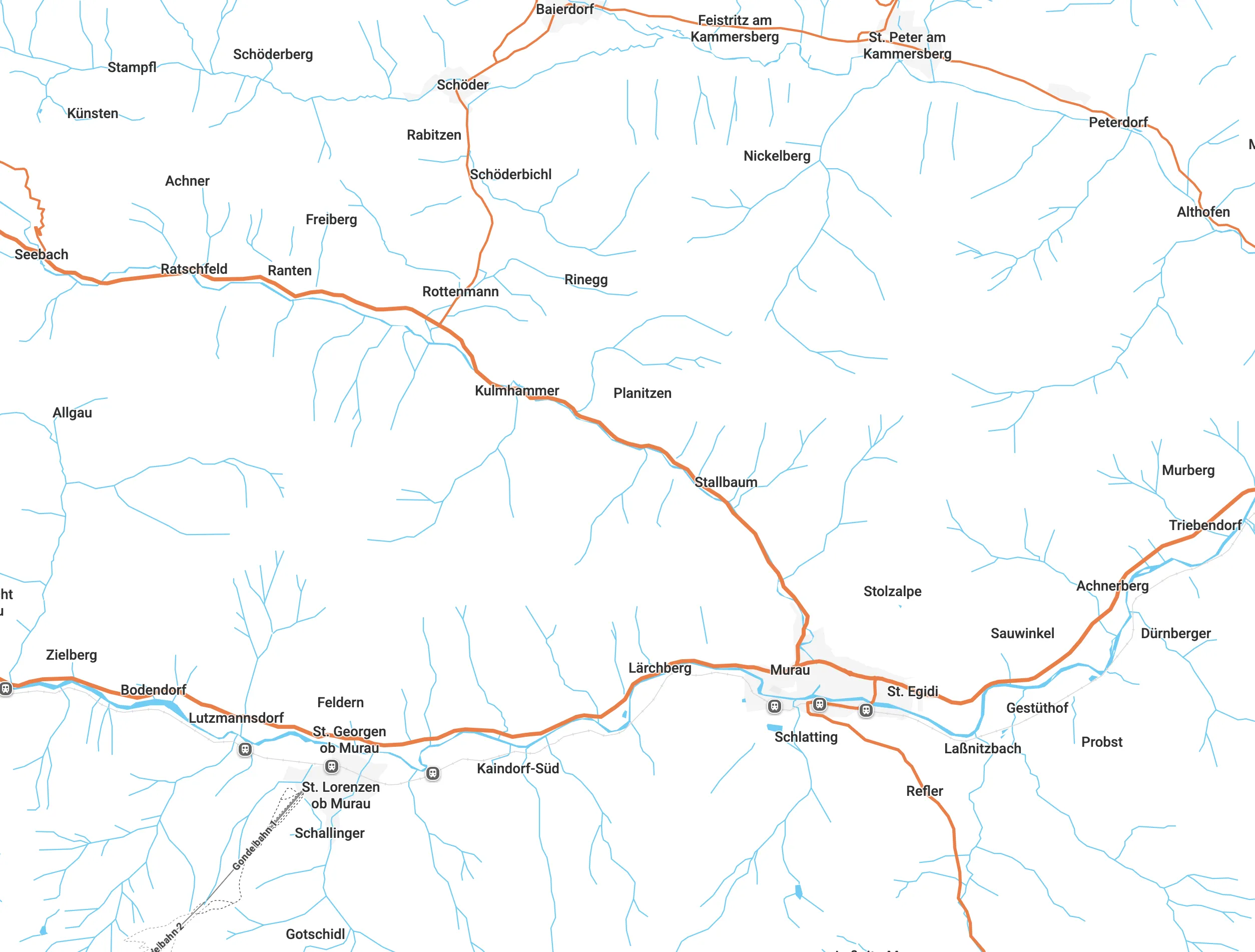 Karte zeigt Straßen, Orte und Flüsse in der Region Murau und Umgebung mit Orten wie Ranten, St. Georgen ob Murau, Murau und St. Egidi.