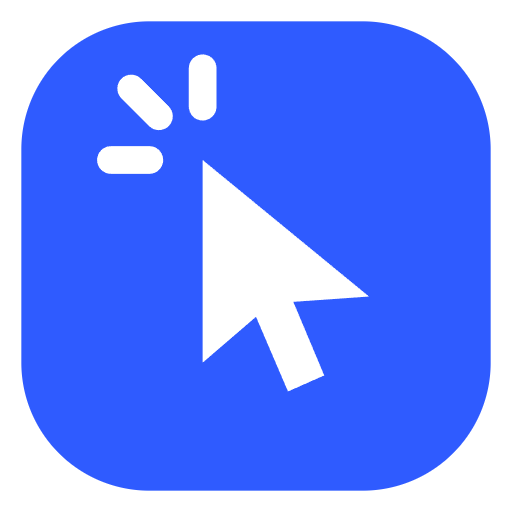 White cursor arrow with a sparkle on blue rounded square background.
