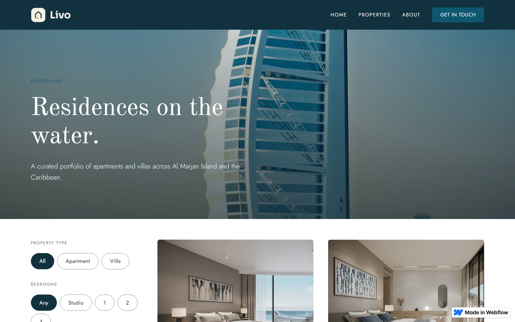 Livo residences page — Residences on the water serif headline over the Burj Al Arab, with filters and listings below