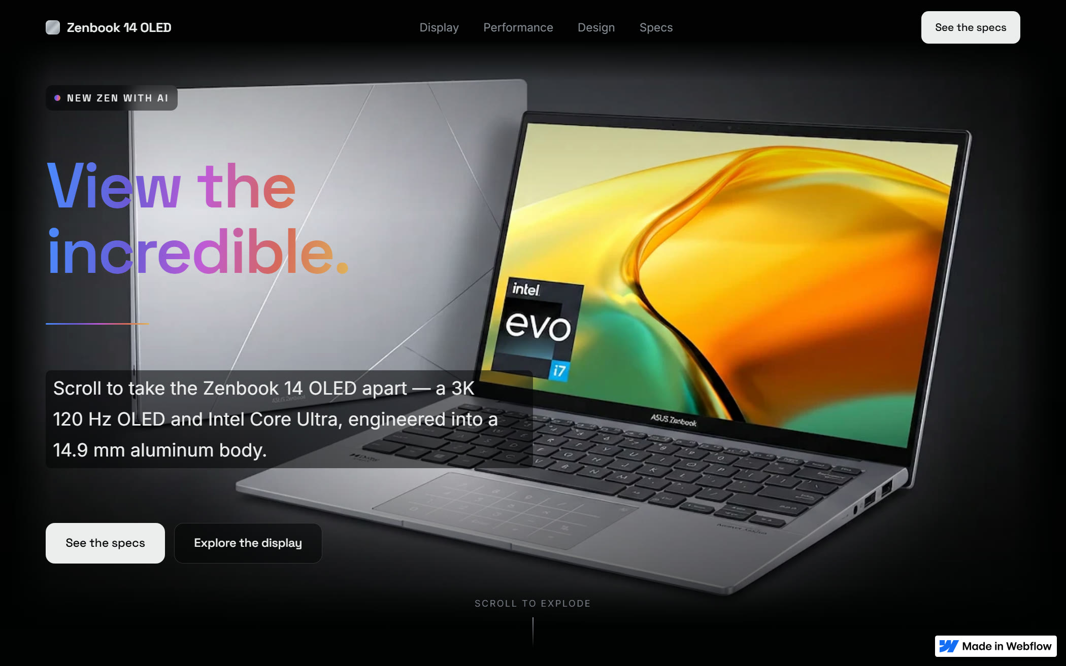 Zenbook 14 OLED fan concept — dark product hero