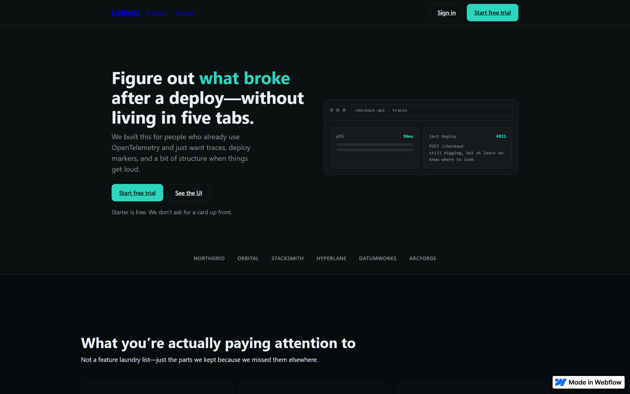 LatticeIQ — dark dev-tool SaaS landing concept