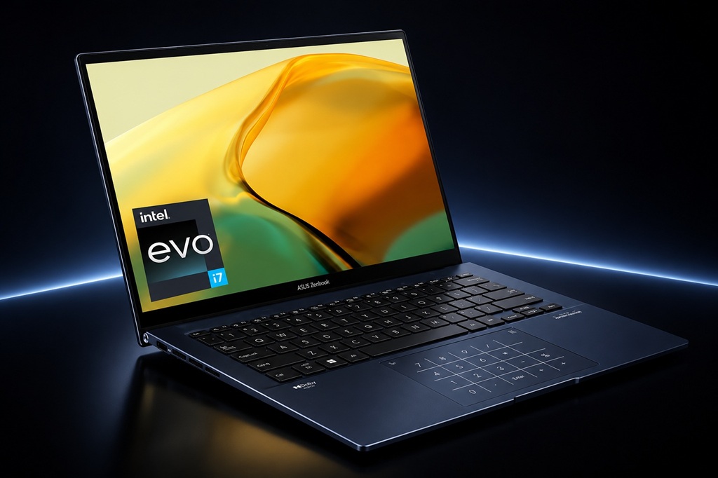 Zenbook concept scroll section — the laptop emerging from a dark stage