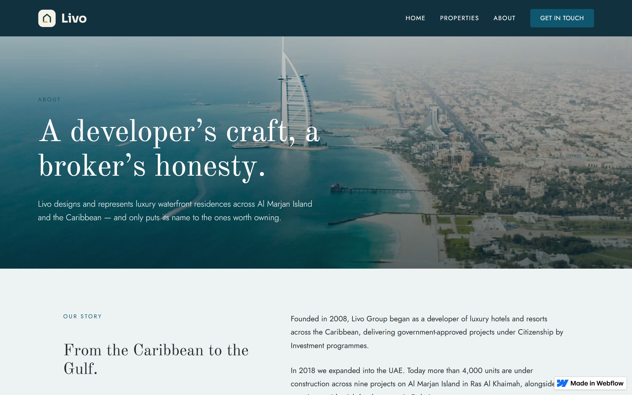 Livo — A developer's craft, a broker's honesty — serif headline over an aerial Dubai coastline