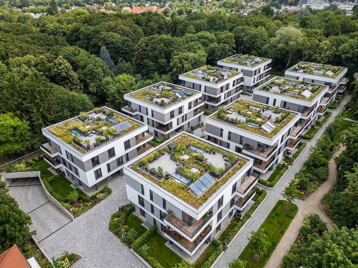 Luftaufnahme einer modernen Wohnanlage in Berlin mit begrünten Dachterrassen und parkähnlichem Umfeld