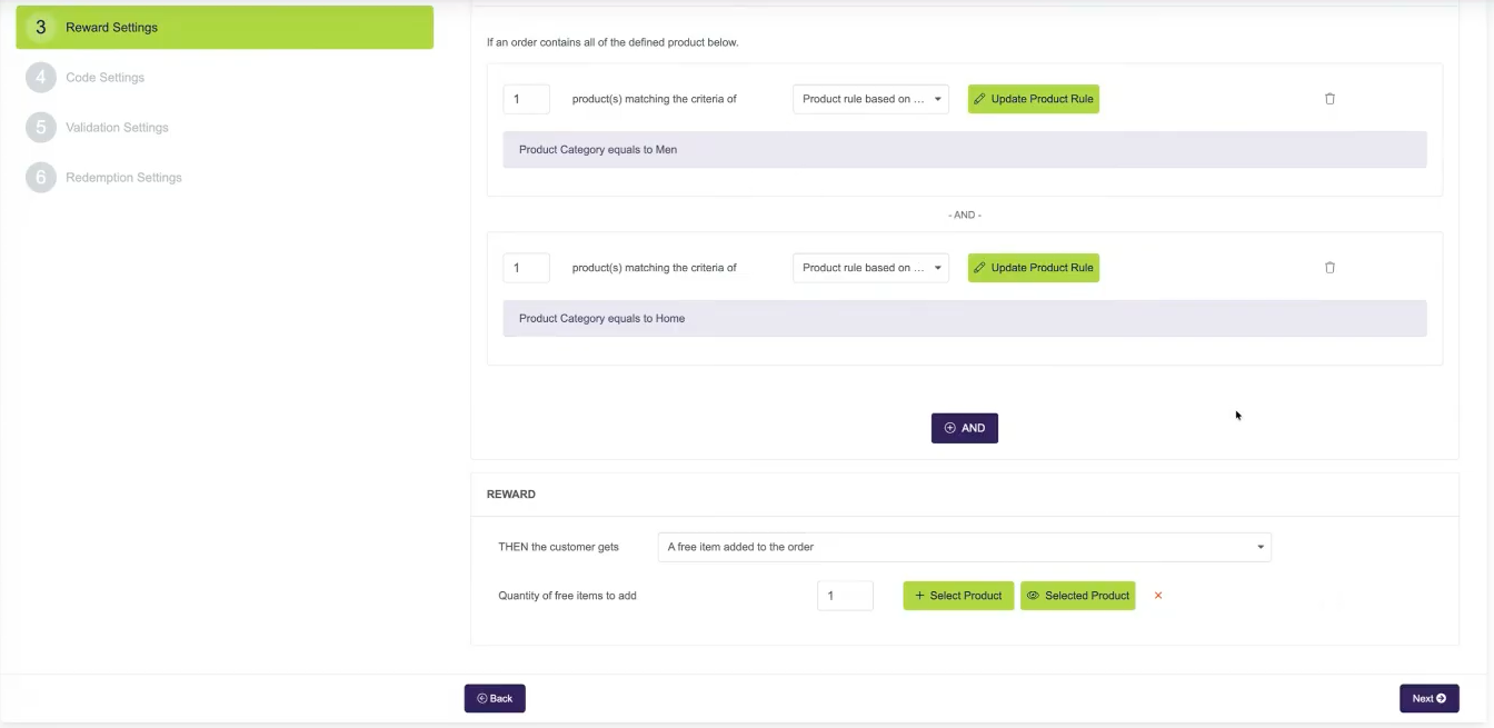 Uniqodo Promotion Engine bundle rule builder showing product category qualification rules and free item reward settings