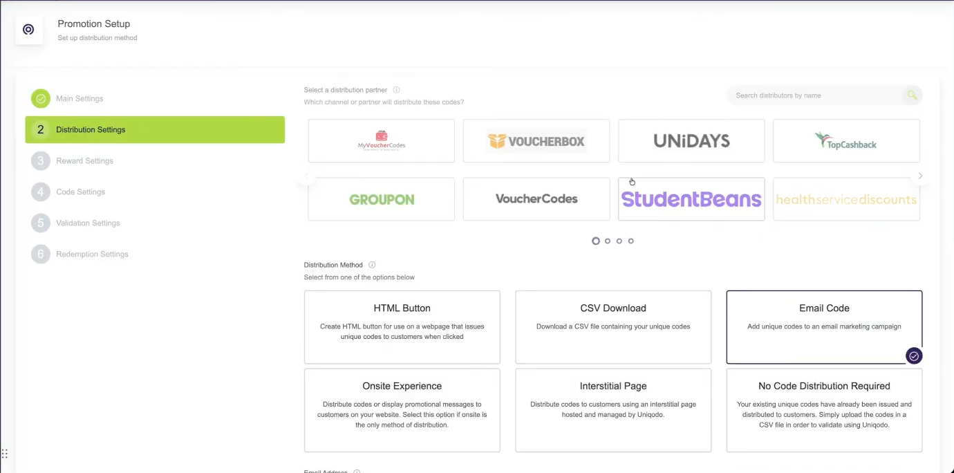 Uniqodo's distribution settings showing integrated publisher and affiliate channels for unique code delivery.