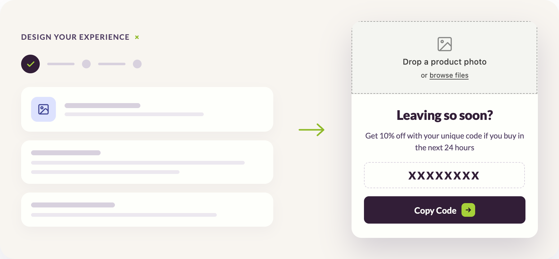 "Uniqodo's Onsite Experiences builder showing an exit-intent overlay configuration on the left and the resulting customer-facing popup on the right, displaying a personalised 10% discount with a unique code and 24-hour deadline