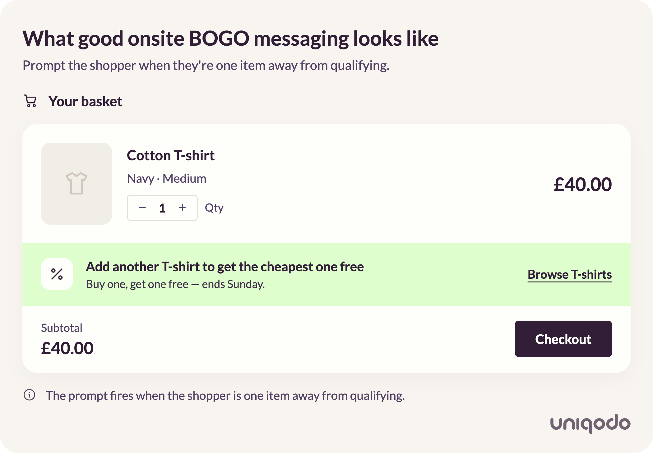 Ecommerce basket with an onsite prompt to add another T-shirt and get the cheapest one free