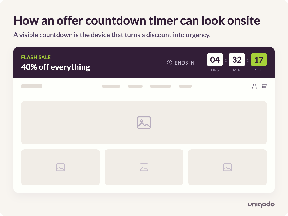 Mock-up of an e-commerce homepage with a flash sale banner and a countdown timer showing hours, minutes and seconds remaining.