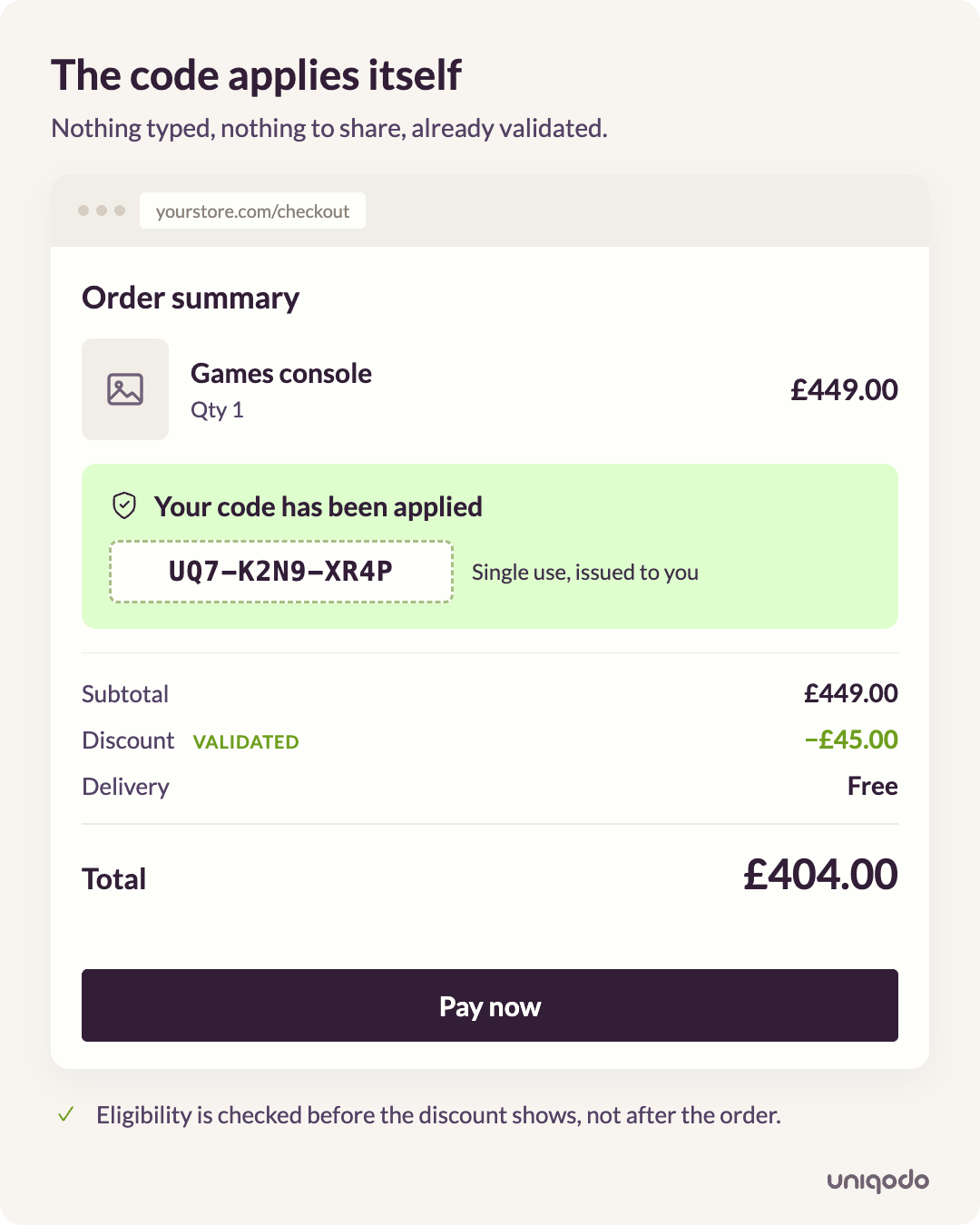 Unique promo code auto-applied and validated at checkout, preventing promo code abuse without adding customer friction