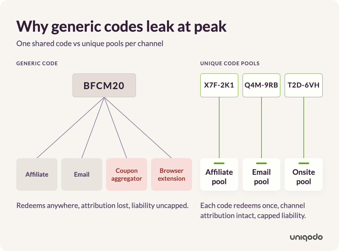 Diagram comparing a single generic promo code (BFCM20) fanning out to affiliates, email, coupon aggregators and browser extensions with attribution lost and liability uncapped, versus three unique code pools (one per channel) each mapped to a single destination — affiliate, email and onsite — where each code redeems once, channel attribution stays intact and liability is capped.