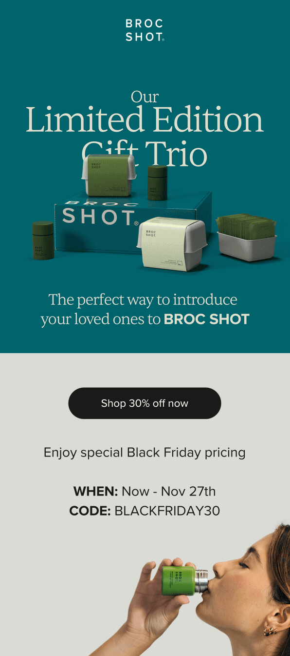 Broc Shot email showing a Limited Edition Gift Trio, three products packaged together to introduce customers to the range.