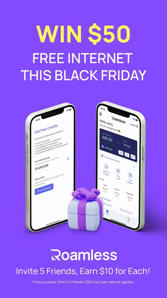 Roamless Black Friday referral offer showing $10 credit for both the referrer and the friend when the friend adds $10 or more, up to five friends.