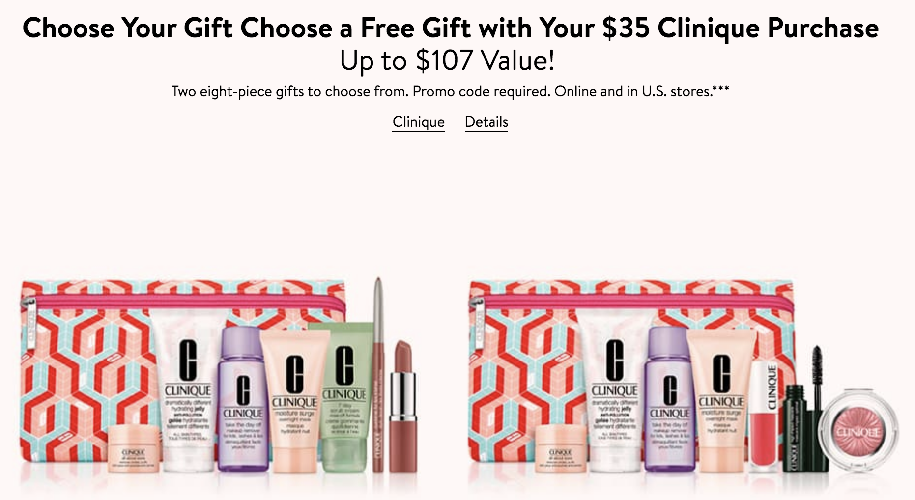 Clinique offer showing a choice of two eight-piece gift sets, valued up to $107, with a $35 spend threshold.