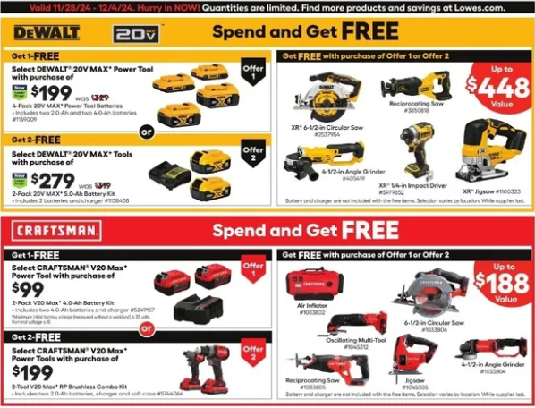 Lowe's Black Friday circular showing brand-specific offers: free tools with qualifying DeWalt, Craftsman and Kobalt purchases, worth up to $448.