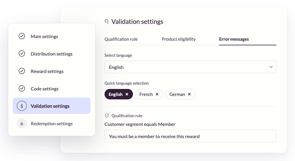 Uniqodo validation settings showing a rule-specific error message for a members-only promotion