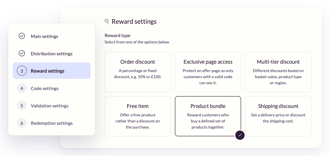 Uniqodo promotion setup showing reward type options, including product bundle and multi-tier discount, beside the setup steps