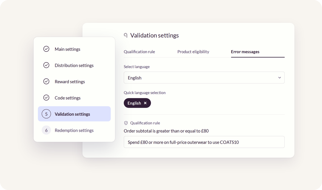 Uniqodo Promotion Engine validation settings on the Error messages tab, showing the rejection message "Spend £80 or more on full-price outerwear to use COATS10" set against an order subtotal rule of £80 or more.