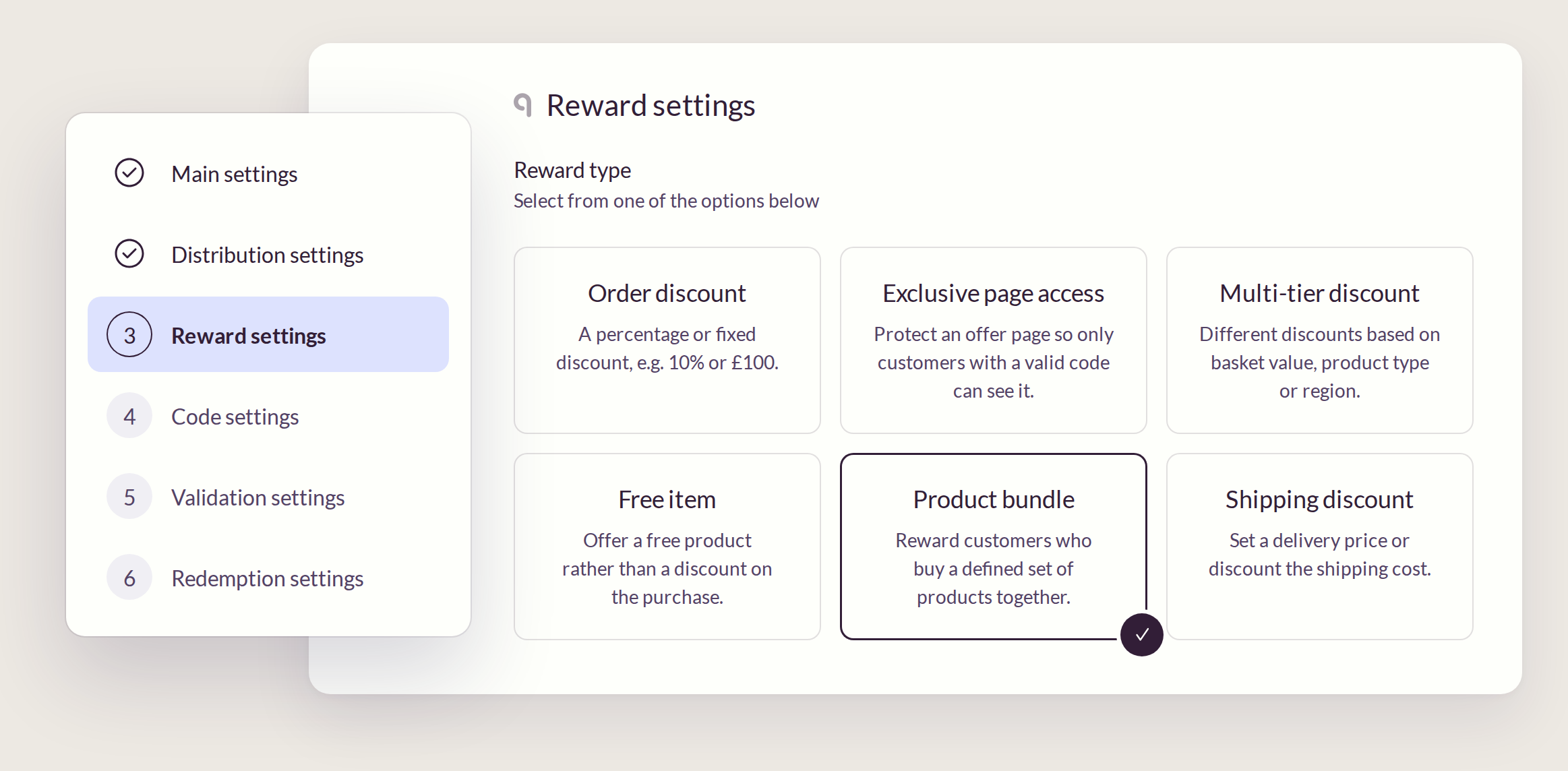 Uniqodo reward settings showing six reward types: order discount, exclusive page access, multi-tier discount, free item, product bundle and shipping discount.