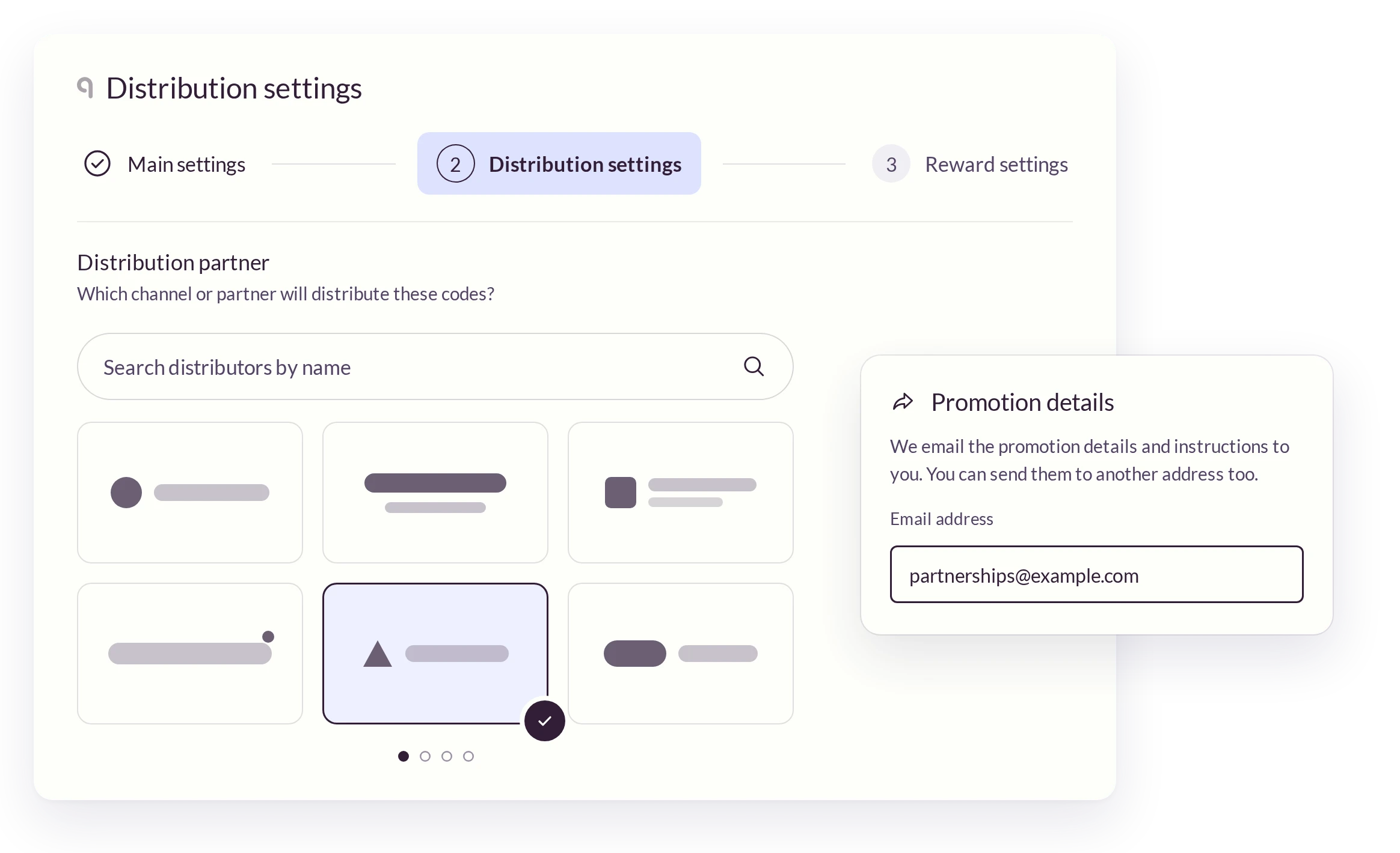 Uniqodo distribution settings screen with a distribution partner selected and promotion details sent to the partner by email