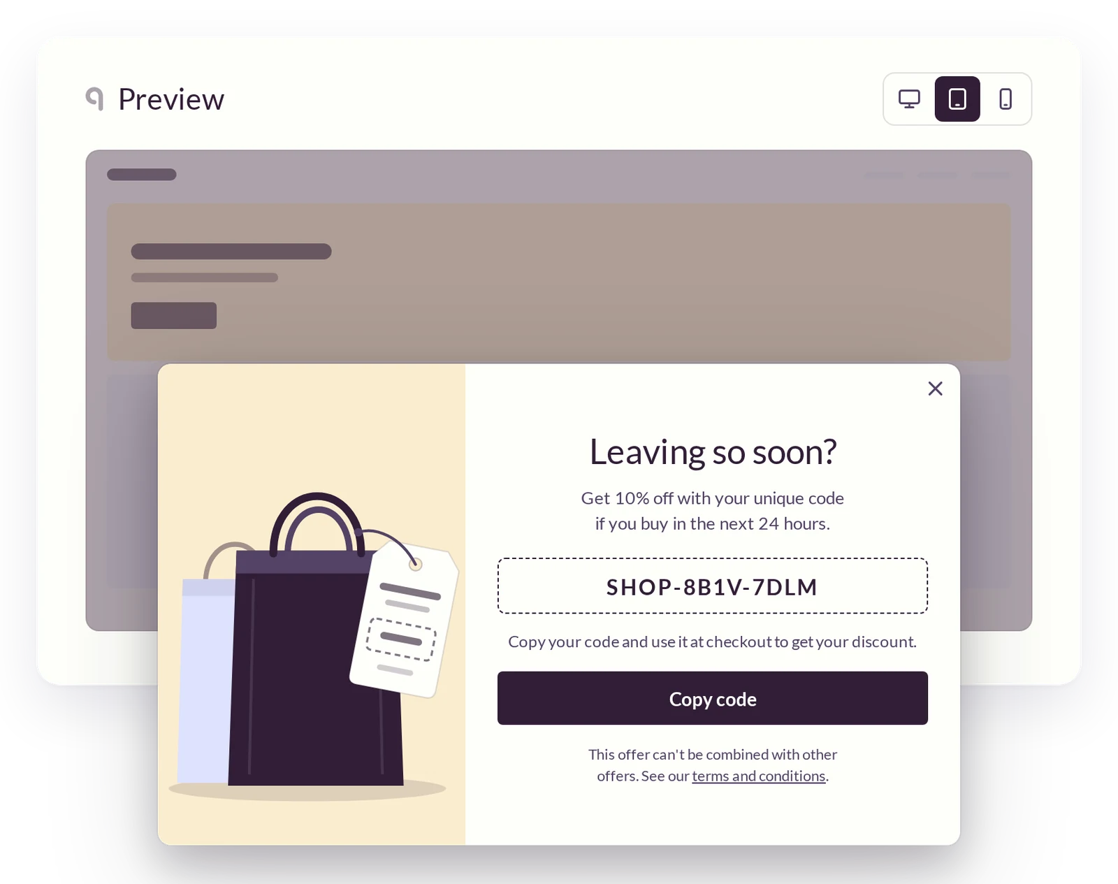 Uniqodo exit-intent overlay offering 10% off with a unique code if the shopper buys in the next 24 hours.