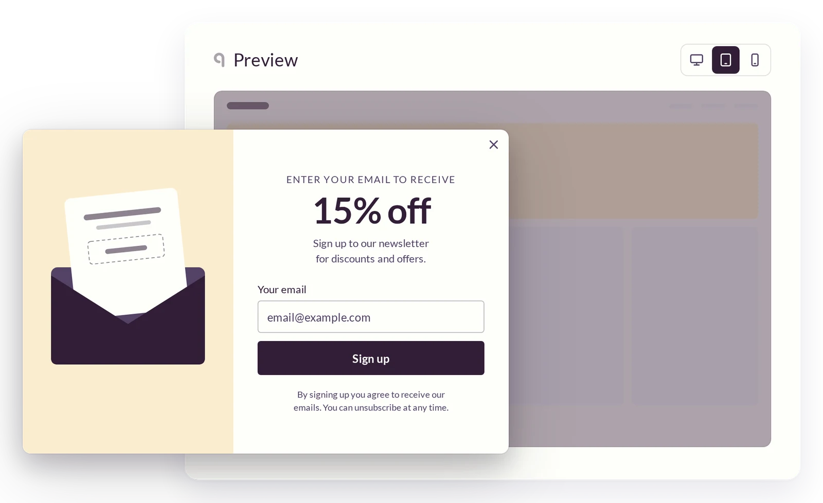 Uniqodo newsletter sign-up overlay offering 15% off in exchange for an email address.
