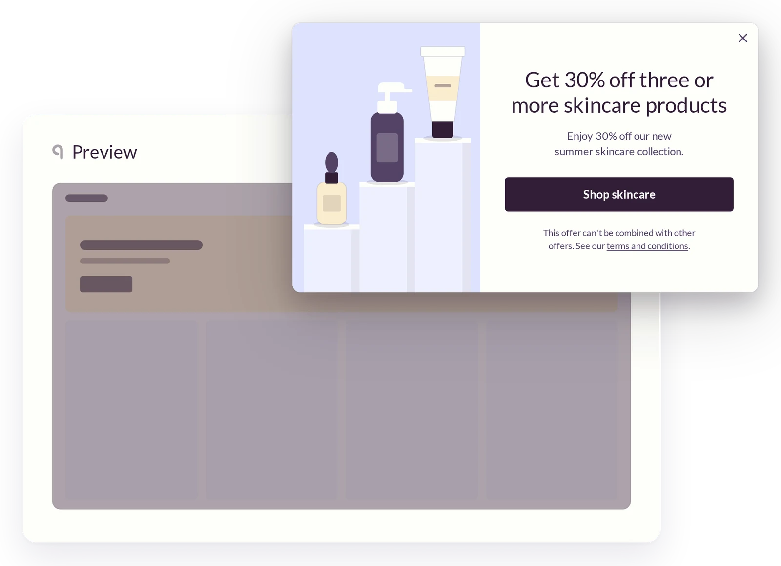 Uniqodo onsite overlay offering 30% off three or more skincare products, with a note that the offer can't be combined with others.