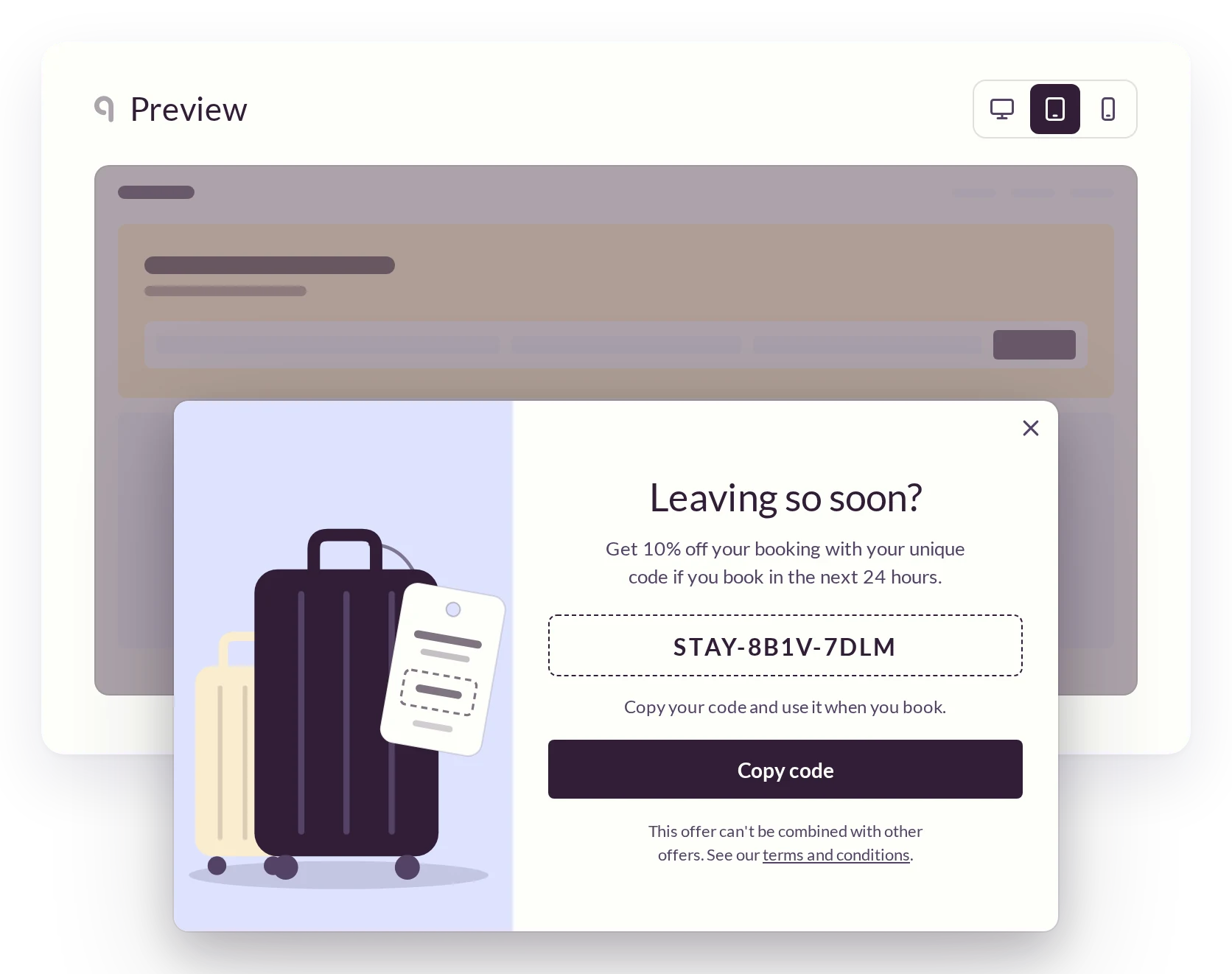 Uniqodo onsite preview of an exit-intent overlay offering 10% off a booking with a unique code.