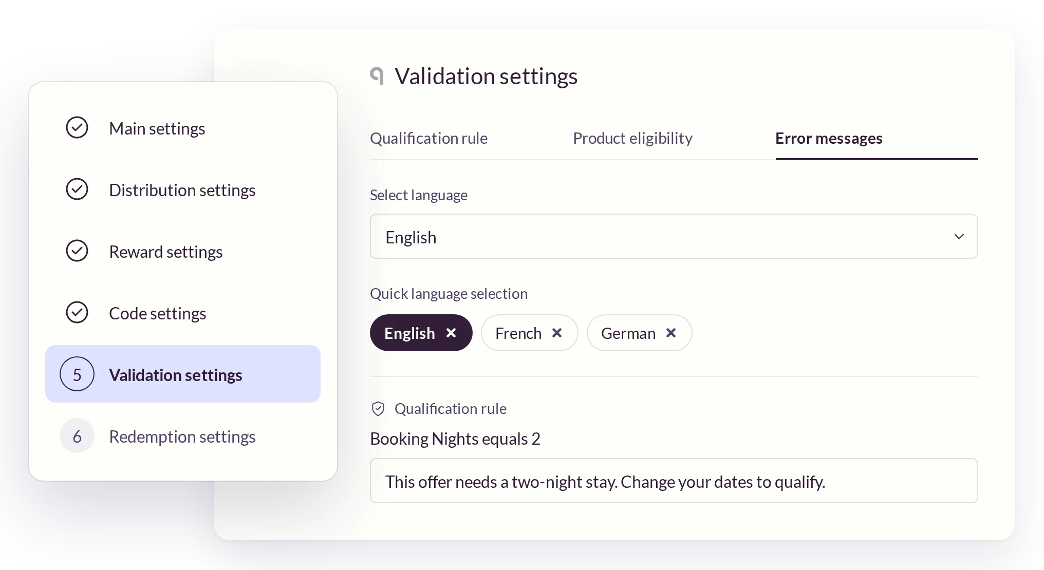 Uniqodo validation settings with a custom error message for a two-night stay rule, in English, French and German.