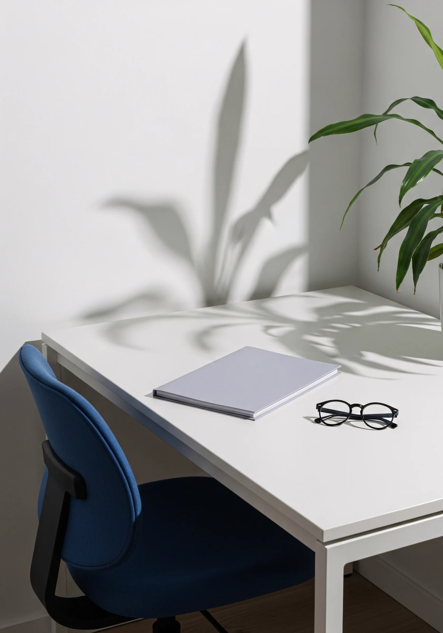 White desk with book, eyeglasses, blue chair and plant