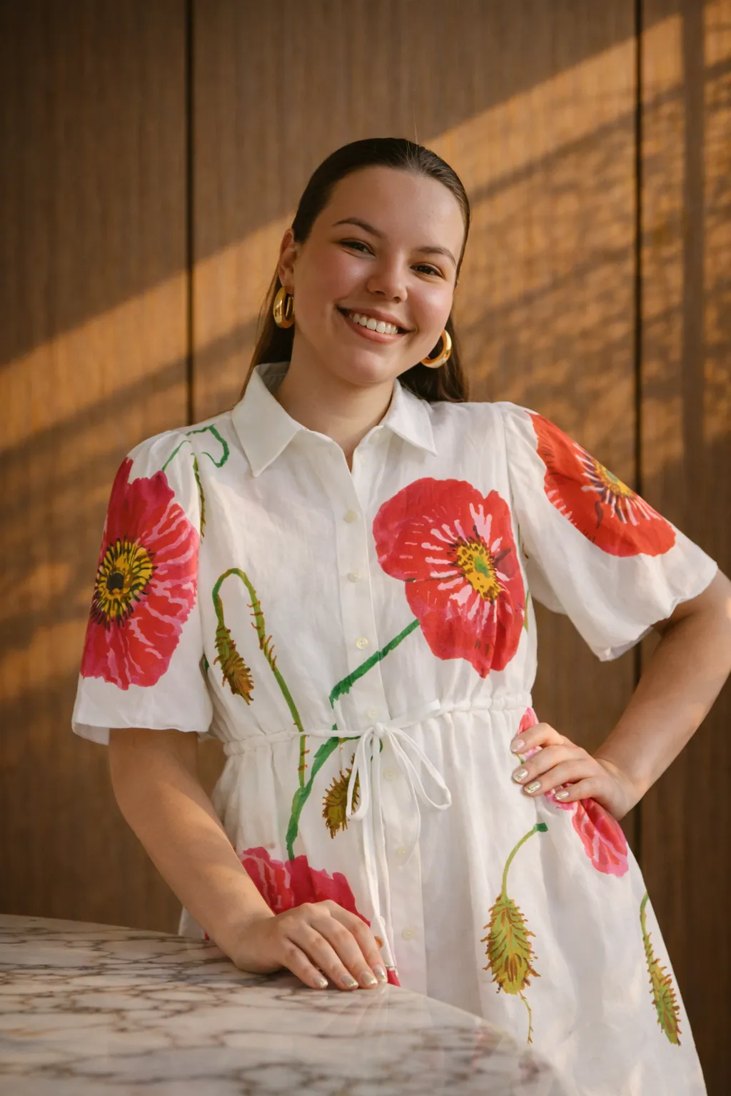 Smiling woman in floral dress