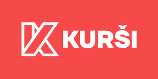 Kurši brand logo featuring stylized letter K in a white outlined square on a red background.