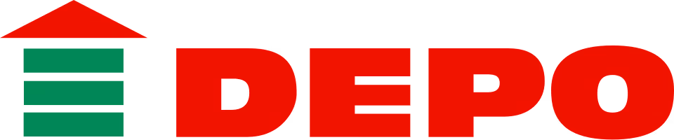 Depo logo featuring a stylized house with a red roof and green walls next to bold red text reading DEPO.