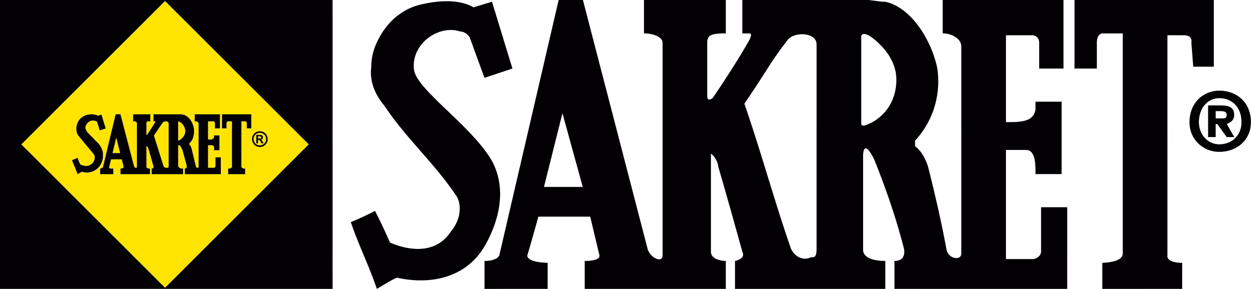 SAKRET brand name in black text inside a yellow diamond shape and large black letters with a registered trademark symbol.