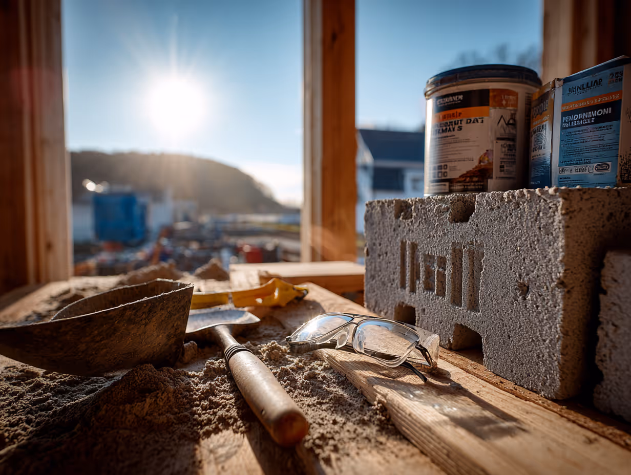 Construction site with concrete blocks, safety goggles, trowel, and other tools on a wooden surface under sunlight.