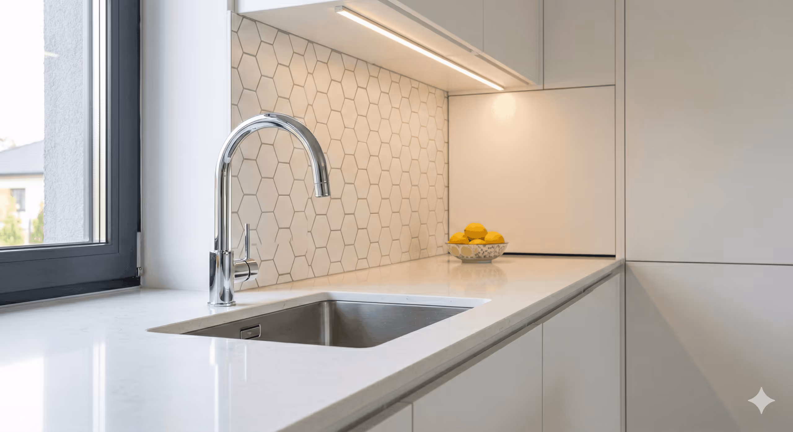 Modern kitchen countertop with a chrome faucet, stainless steel sink, hexagonal tile backsplash, and a bowl of lemons under cabinet lighting.