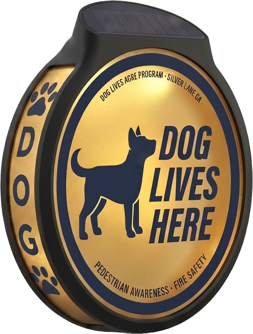 A beacon that is solar powered that is part of a program for Silver Lake, los angeles california that helps to warn pedestrians that a dog is on properry to avoid jump scares, and also helps firefighters be aware that there are dogs o property in case of a fire