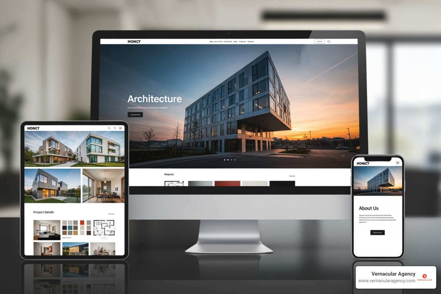 A visually stunning and responsive architecture portfolio website displayed across a desktop monitor, a tablet, and a smartphone, showcasing high-quality project images - landscape architecture marketing plan