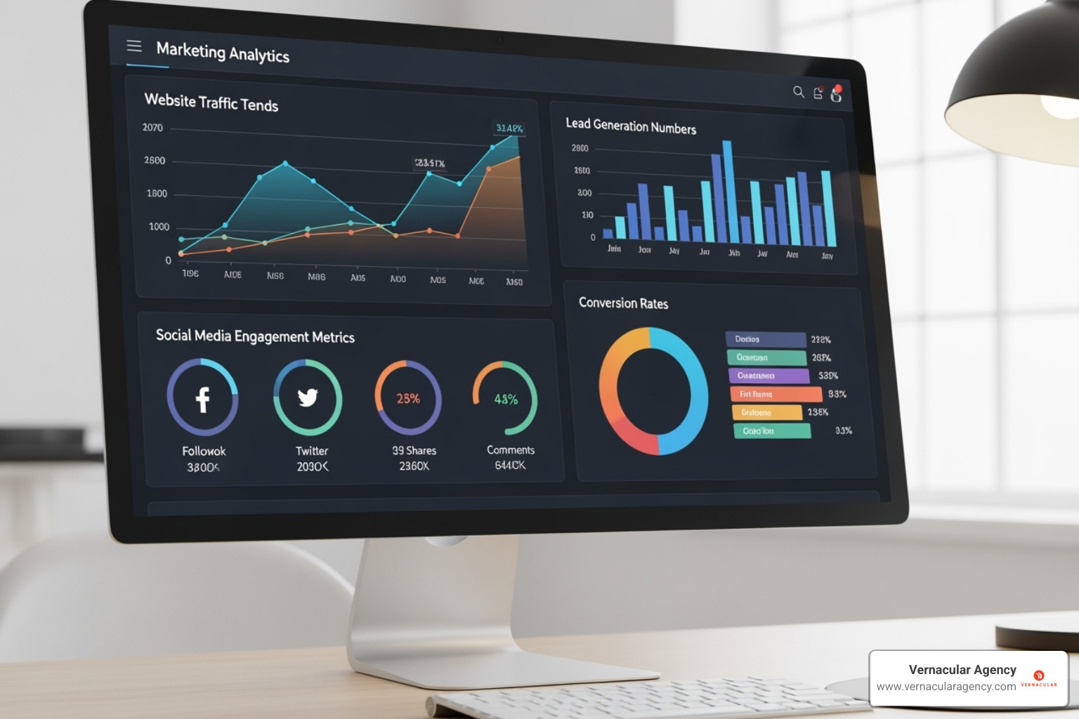 A marketing analytics dashboard displaying key performance indicators such as website traffic trends, lead generation numbers, conversion rates, and social media engagement metrics - landscape architecture marketing plan