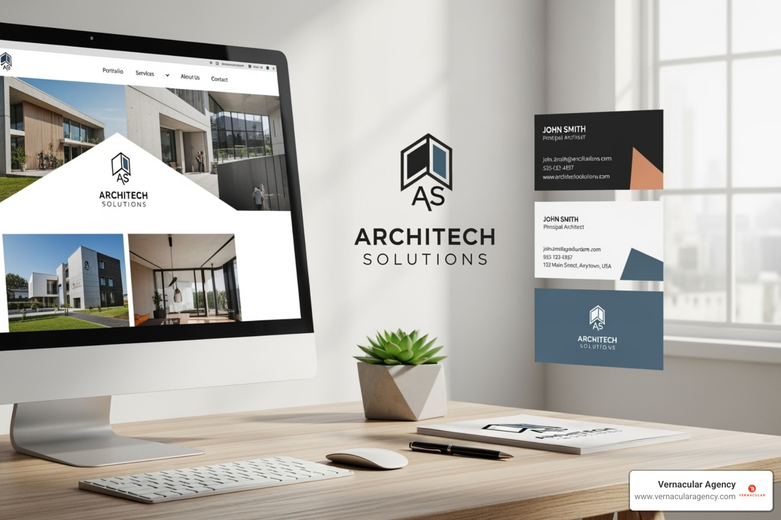 A cohesive brand identity suite for an architecture firm, featuring a professional logo, matching business cards, and a modern website design on a desktop computer - landscape architecture marketing plan