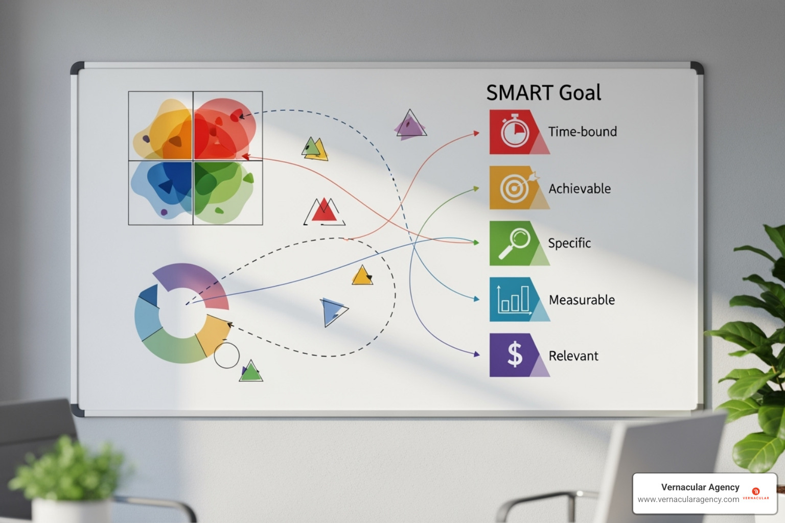 A whiteboard with SWOT analysis and SMART goals - marketing plan for architecture firm