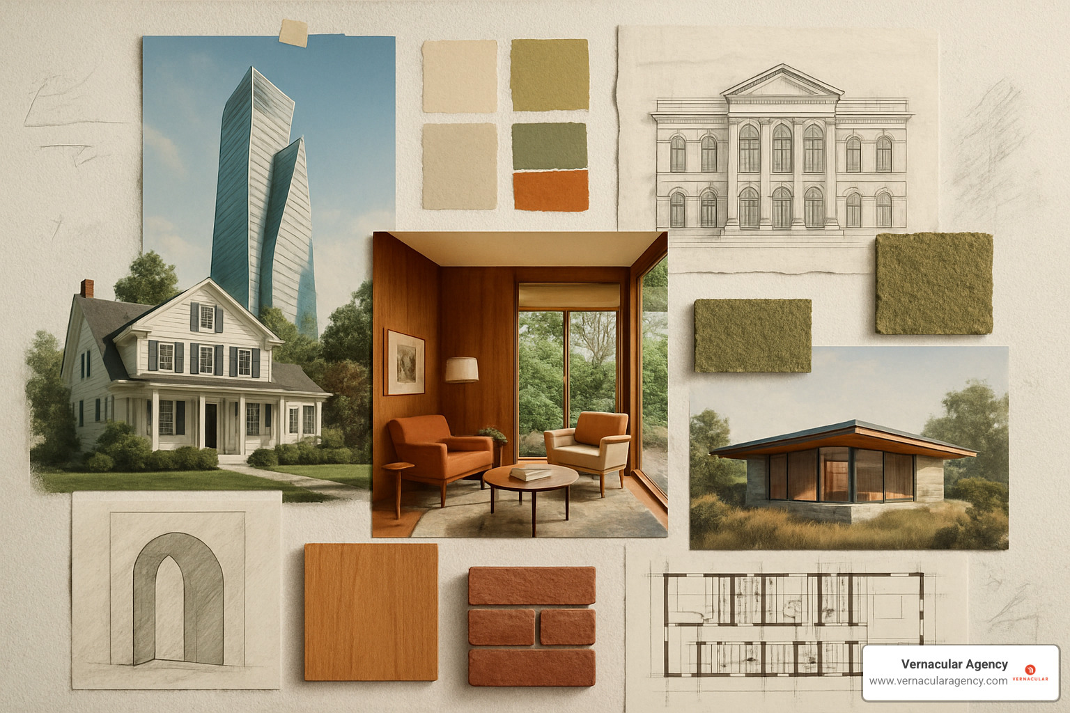 moodboard inspiration showing diverse architectural styles and design elements - architecture and design websites