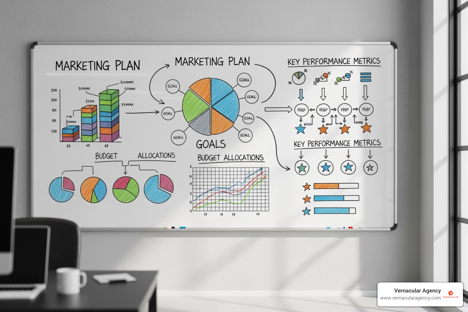 A whiteboard with a marketing plan sketched out, showing goals, budget allocations, and key performance metrics. - marketing strategy for architects